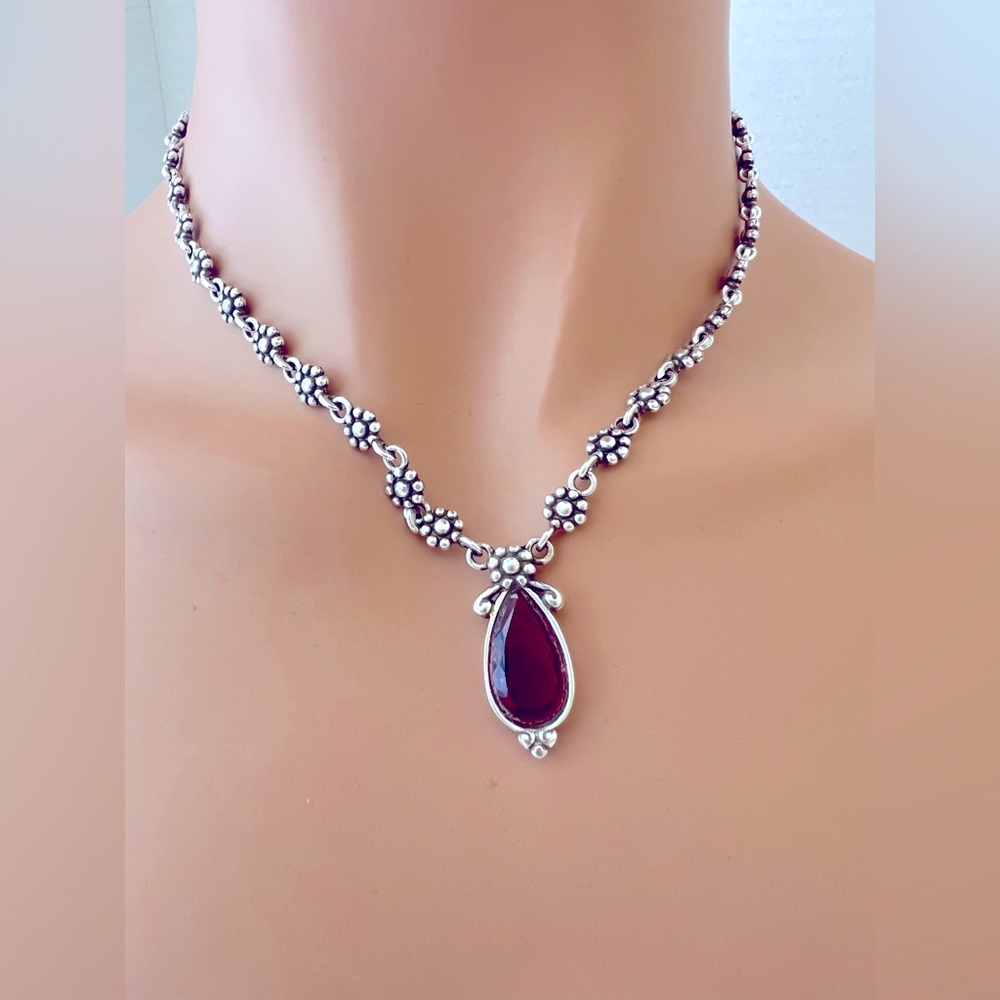 Brighton Tear Drop Necklace. Dark Red Crystal Stone.  Chain is made of flowers